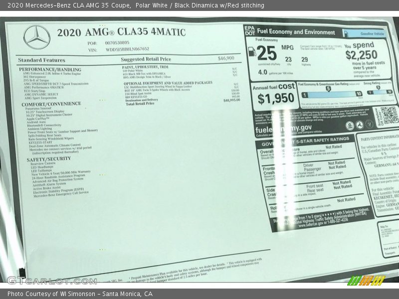  2020 CLA AMG 35 Coupe Window Sticker