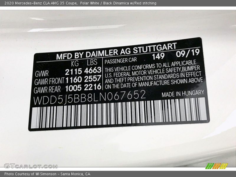 2020 CLA AMG 35 Coupe Polar White Color Code 149