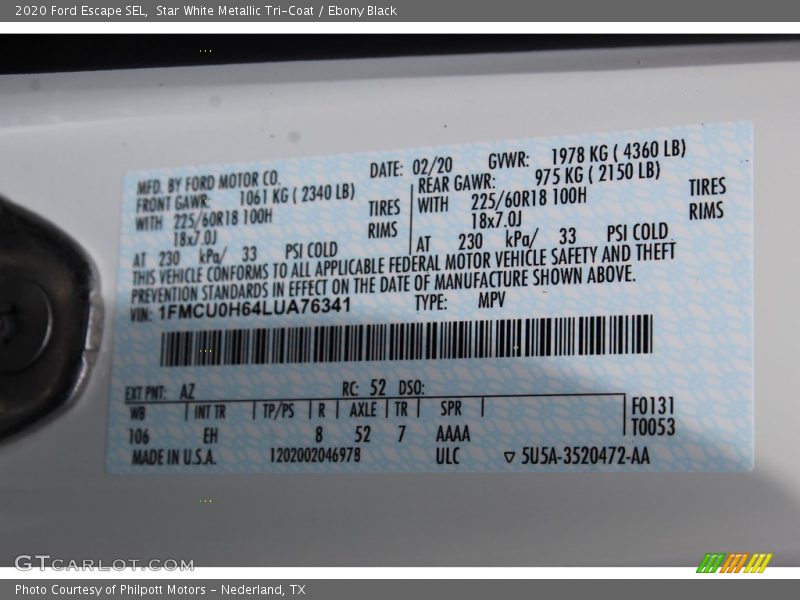 Star White Metallic Tri-Coat / Ebony Black 2020 Ford Escape SEL