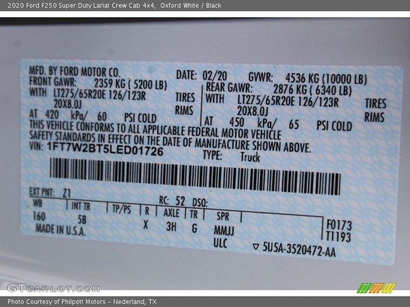 2020 F250 Super Duty Lariat Crew Cab 4x4 Oxford White Color Code Z1