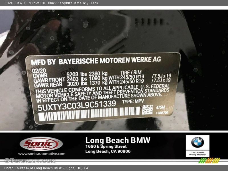 Black Sapphire Metallic / Black 2020 BMW X3 sDrive30i