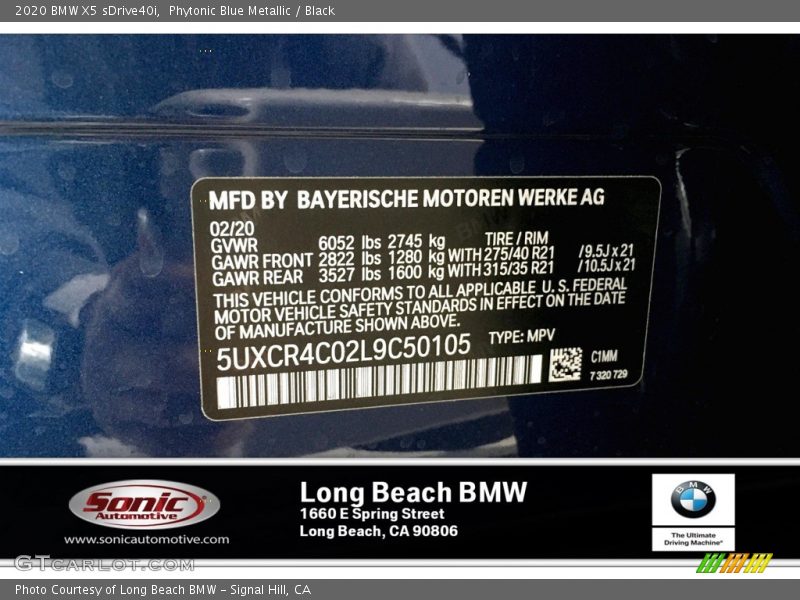 Phytonic Blue Metallic / Black 2020 BMW X5 sDrive40i