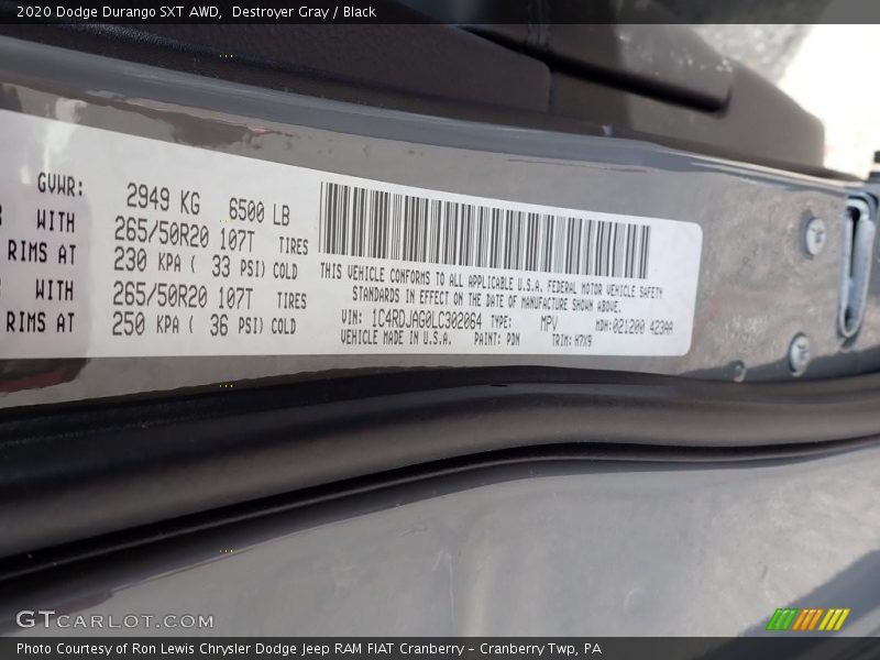 Destroyer Gray / Black 2020 Dodge Durango SXT AWD