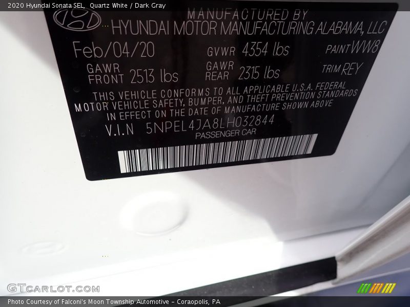 Quartz White / Dark Gray 2020 Hyundai Sonata SEL