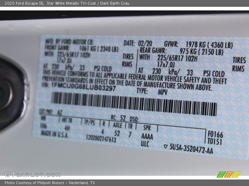 2020 Escape SE Star White Metallic Tri-Coat Color Code AZ