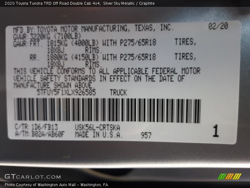 Silver Sky Metallic / Graphite 2020 Toyota Tundra TRD Off Road Double Cab 4x4