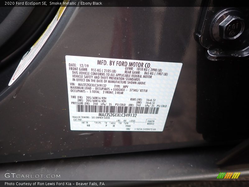 Smoke Metallic / Ebony Black 2020 Ford EcoSport SE