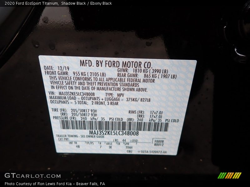 Shadow Black / Ebony Black 2020 Ford EcoSport Titanium
