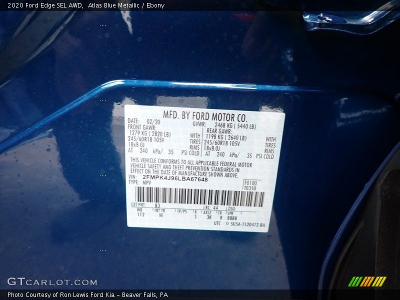 Atlas Blue Metallic / Ebony 2020 Ford Edge SEL AWD