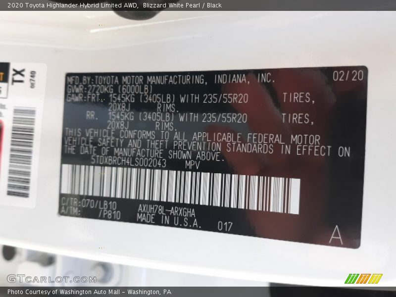 Blizzard White Pearl / Black 2020 Toyota Highlander Hybrid Limited AWD