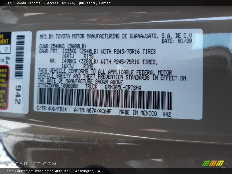 2020 Tacoma SX Access Cab 4x4 Quicksand Color Code 4V6