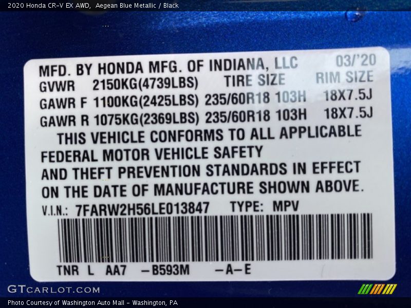 Aegean Blue Metallic / Black 2020 Honda CR-V EX AWD