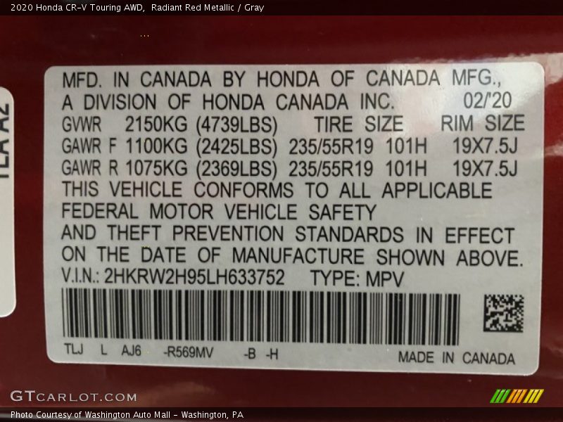 Radiant Red Metallic / Gray 2020 Honda CR-V Touring AWD