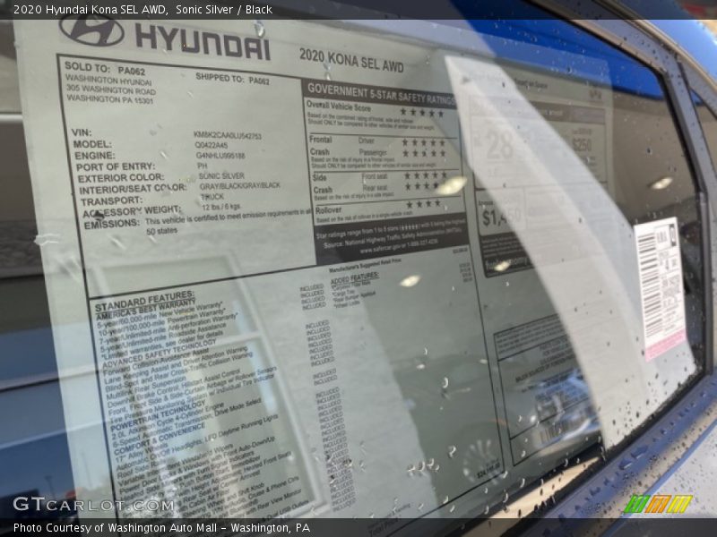 Sonic Silver / Black 2020 Hyundai Kona SEL AWD