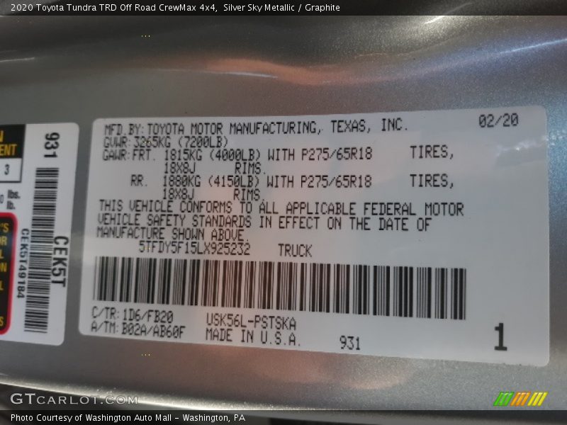 2020 Tundra TRD Off Road CrewMax 4x4 Silver Sky Metallic Color Code 1D6
