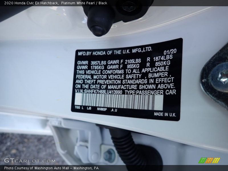 Platinum White Pearl / Black 2020 Honda Civic EX Hatchback