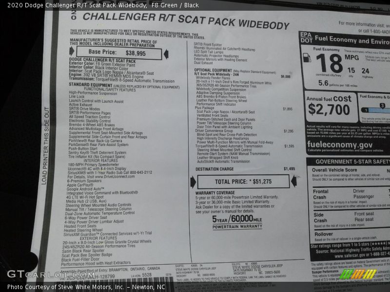  2020 Challenger R/T Scat Pack Widebody Window Sticker
