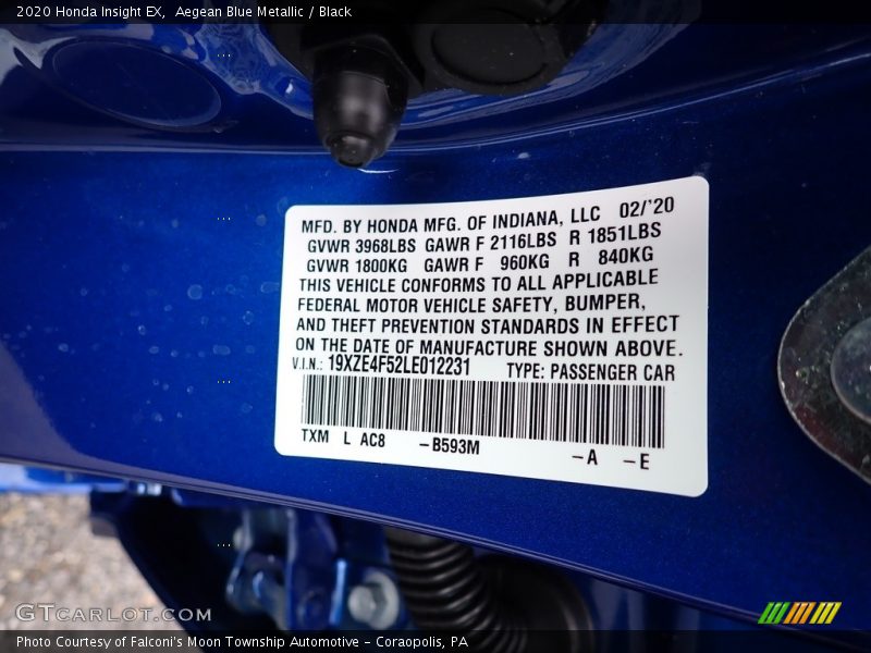 Aegean Blue Metallic / Black 2020 Honda Insight EX