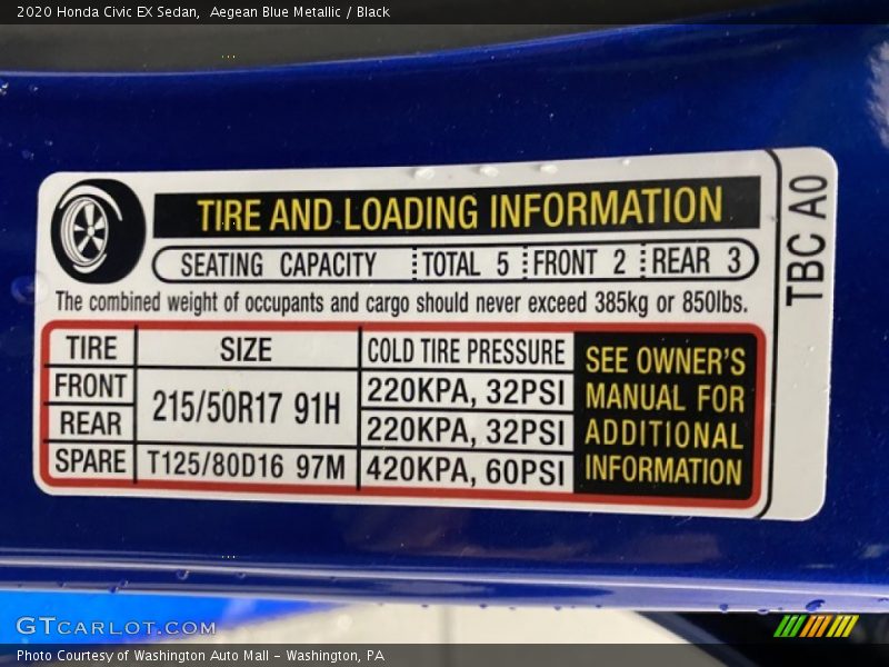 Aegean Blue Metallic / Black 2020 Honda Civic EX Sedan