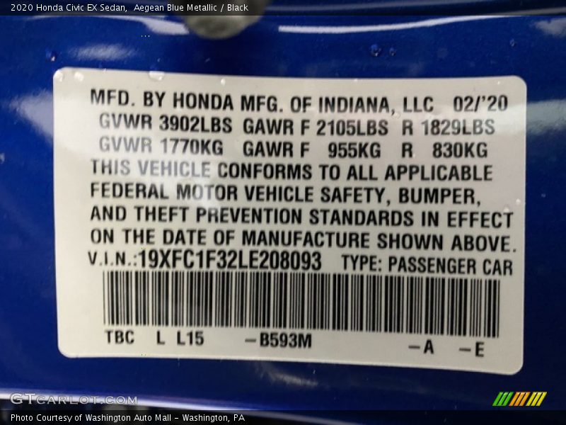 Aegean Blue Metallic / Black 2020 Honda Civic EX Sedan