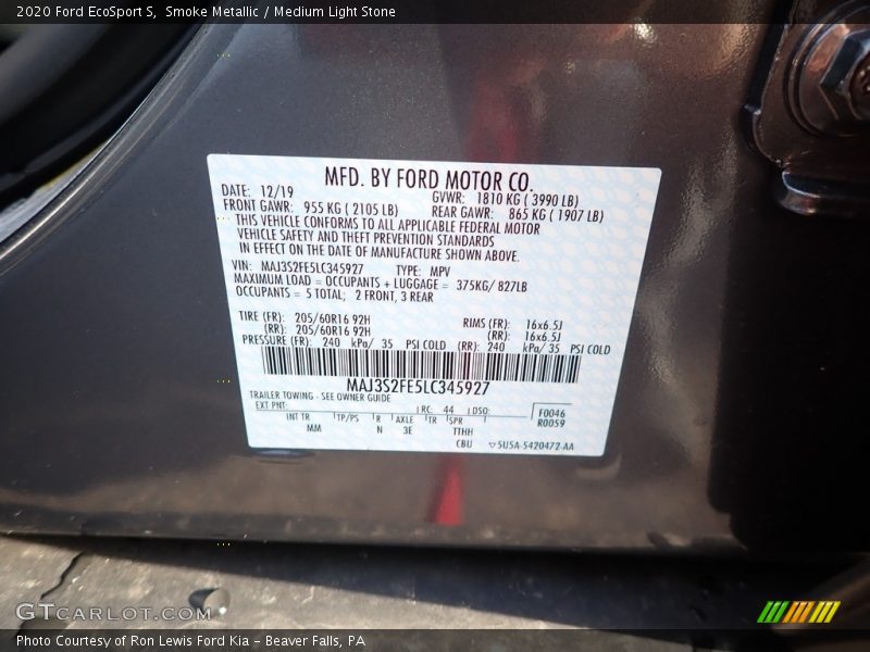 Smoke Metallic / Medium Light Stone 2020 Ford EcoSport S