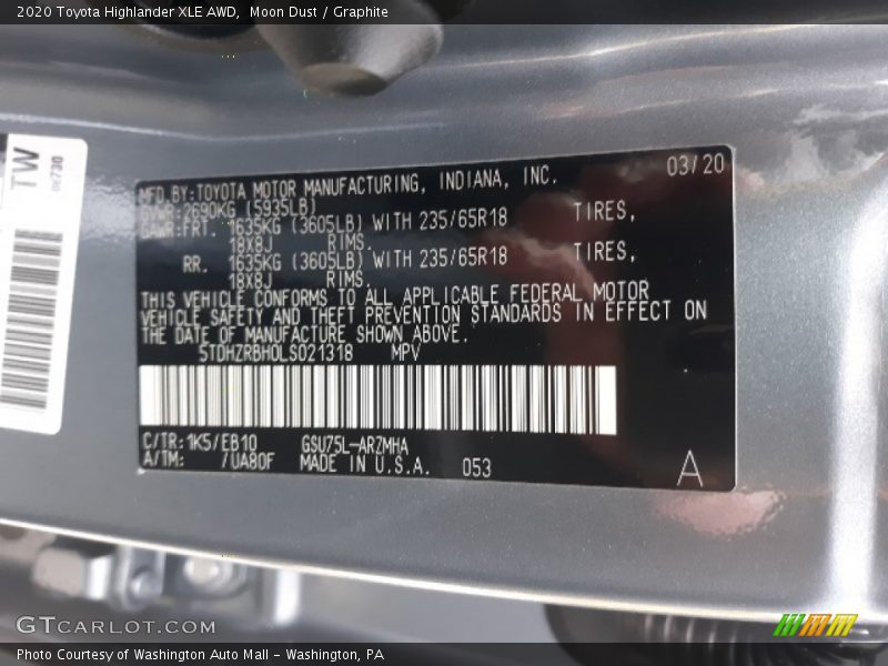 Moon Dust / Graphite 2020 Toyota Highlander XLE AWD