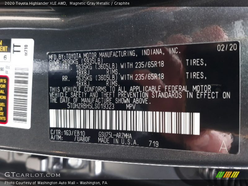Magnetic Gray Metallic / Graphite 2020 Toyota Highlander XLE AWD