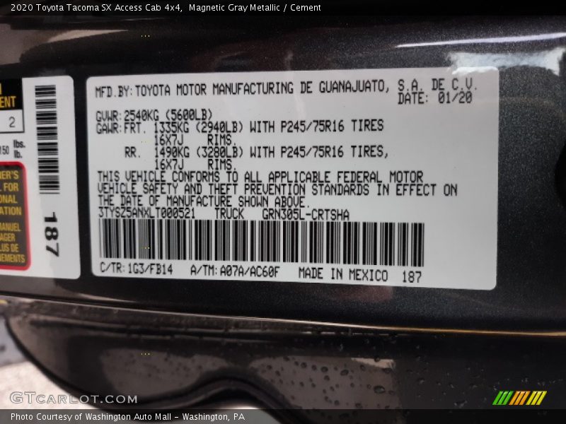 Magnetic Gray Metallic / Cement 2020 Toyota Tacoma SX Access Cab 4x4