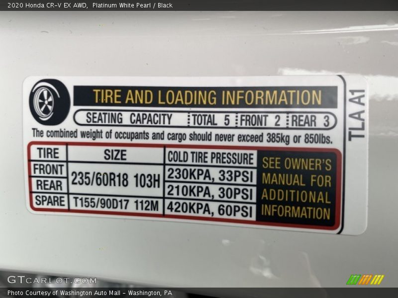 Platinum White Pearl / Black 2020 Honda CR-V EX AWD