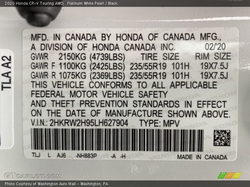 Platinum White Pearl / Black 2020 Honda CR-V Touring AWD