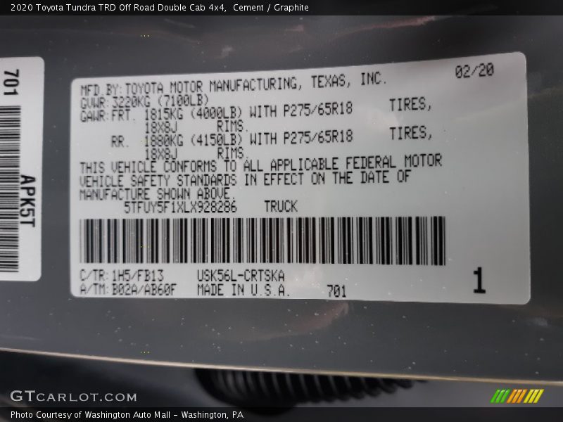 Cement / Graphite 2020 Toyota Tundra TRD Off Road Double Cab 4x4