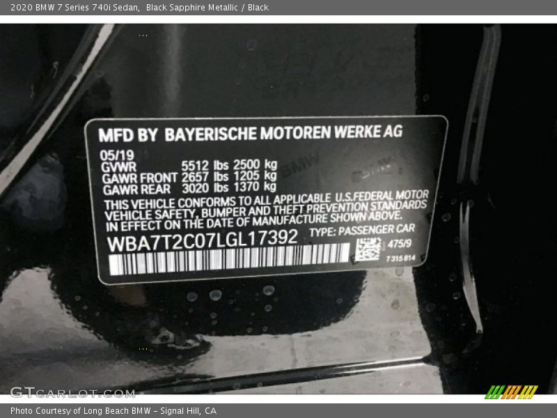 Black Sapphire Metallic / Black 2020 BMW 7 Series 740i Sedan