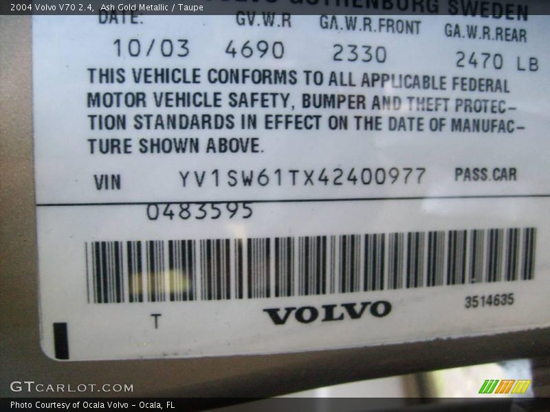 Ash Gold Metallic / Taupe 2004 Volvo V70 2.4