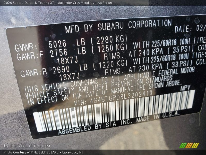 Magnetite Gray Metallic / Java Brown 2020 Subaru Outback Touring XT