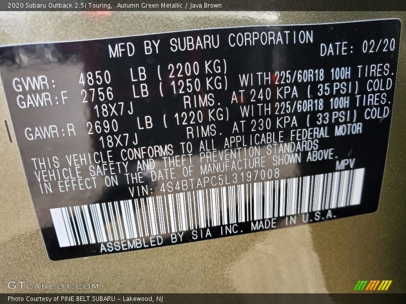 Autumn Green Metallic / Java Brown 2020 Subaru Outback 2.5i Touring