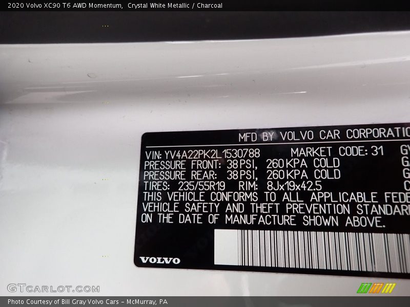 Crystal White Metallic / Charcoal 2020 Volvo XC90 T6 AWD Momentum