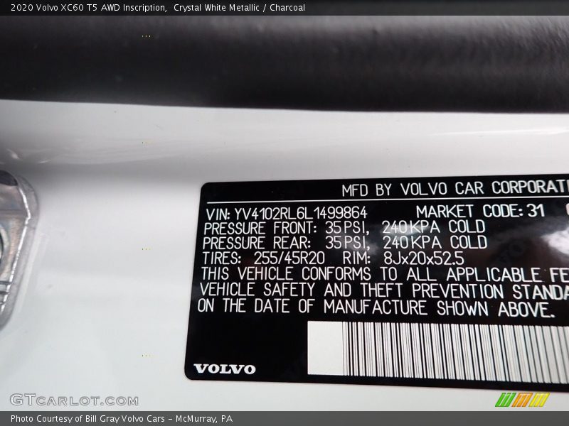 Crystal White Metallic / Charcoal 2020 Volvo XC60 T5 AWD Inscription