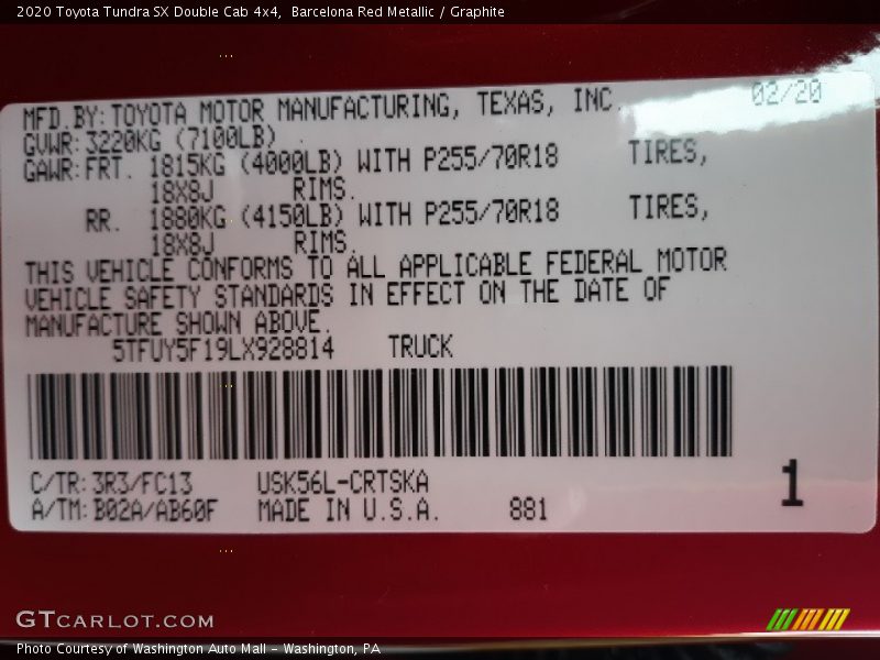Barcelona Red Metallic / Graphite 2020 Toyota Tundra SX Double Cab 4x4