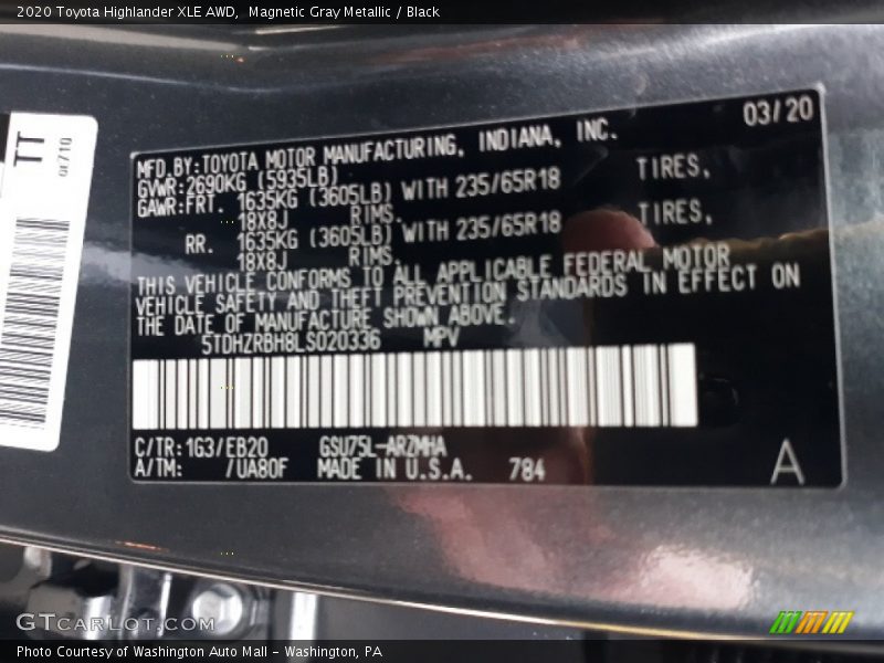 Magnetic Gray Metallic / Black 2020 Toyota Highlander XLE AWD