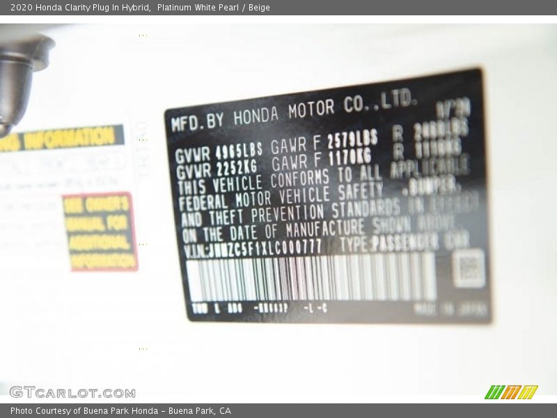 Platinum White Pearl / Beige 2020 Honda Clarity Plug In Hybrid