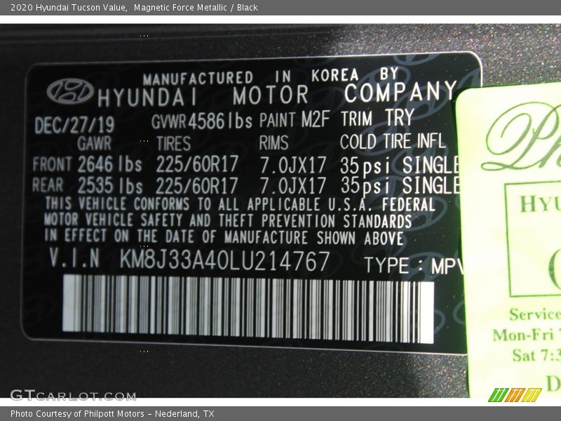 Magnetic Force Metallic / Black 2020 Hyundai Tucson Value