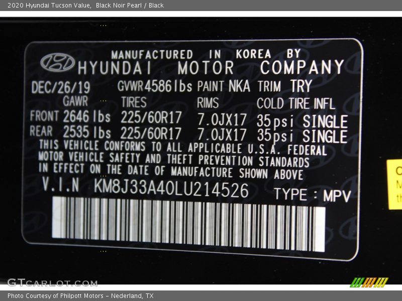 Black Noir Pearl / Black 2020 Hyundai Tucson Value