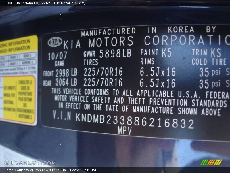 Velvet Blue Metallic / Gray 2008 Kia Sedona LX
