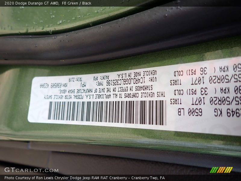 2020 Durango GT AWD F8 Green Color Code PFQ