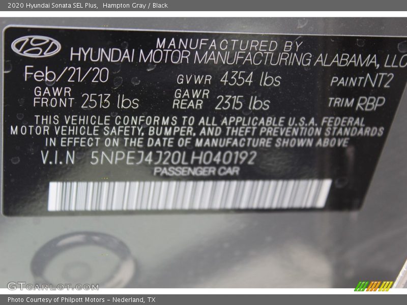 Hampton Gray / Black 2020 Hyundai Sonata SEL Plus