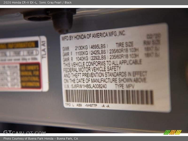 Sonic Gray Pearl / Black 2020 Honda CR-V EX-L