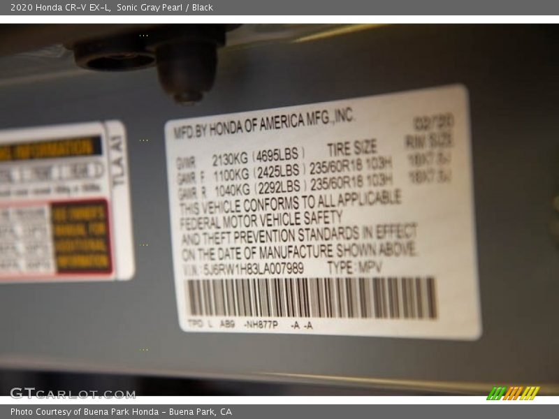 Sonic Gray Pearl / Black 2020 Honda CR-V EX-L