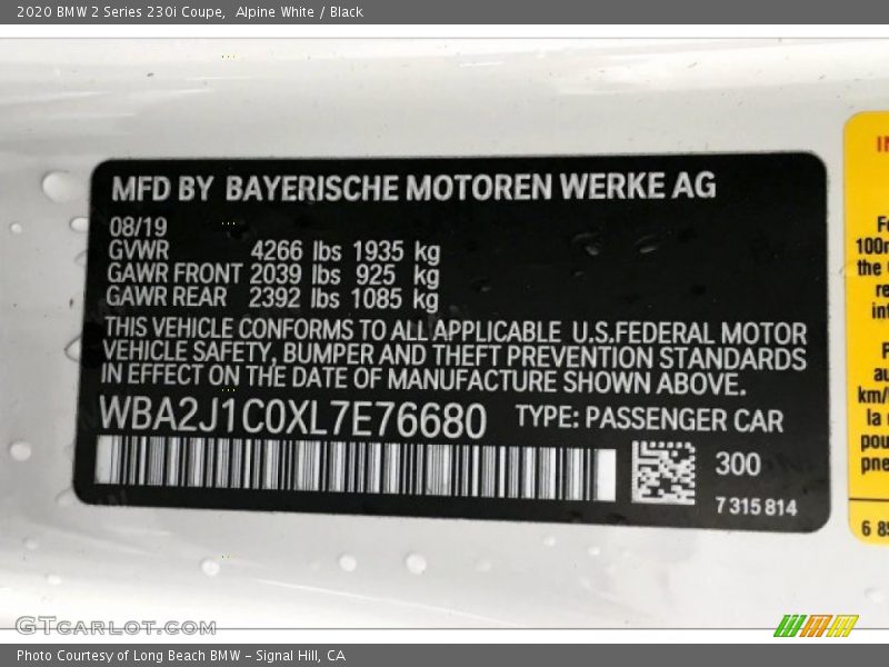 Alpine White / Black 2020 BMW 2 Series 230i Coupe