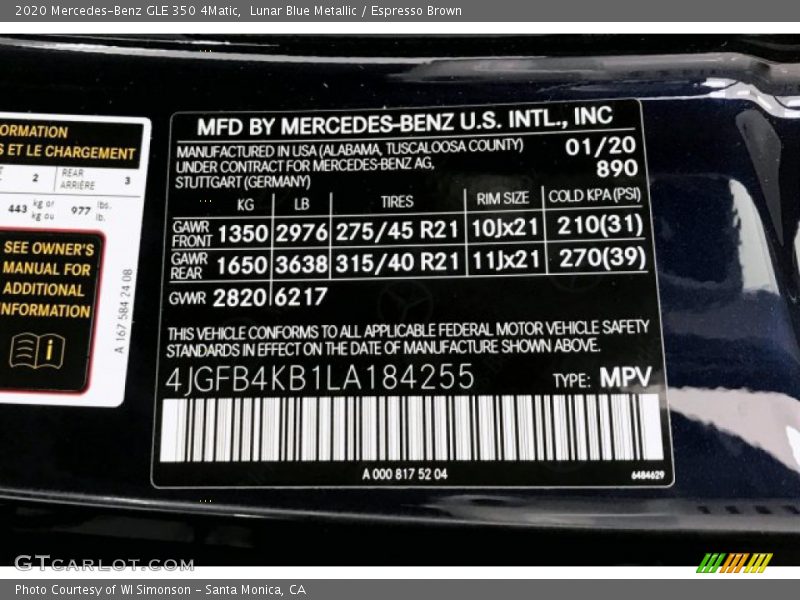 2020 GLE 350 4Matic Lunar Blue Metallic Color Code 890