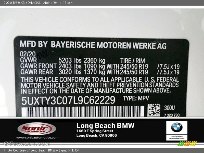 Alpine White / Black 2020 BMW X3 sDrive30i